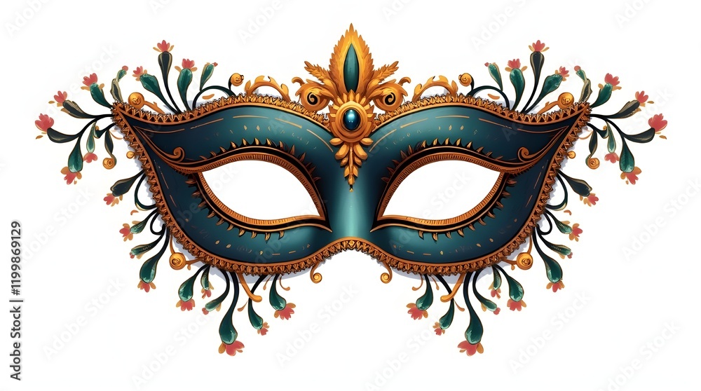 Elegant Carnival Mask with Gold Detailing and Vibrant Feathers on White Background Elegant Carnival Mask with Gold Detailing and Vibrant Feathers on White Background