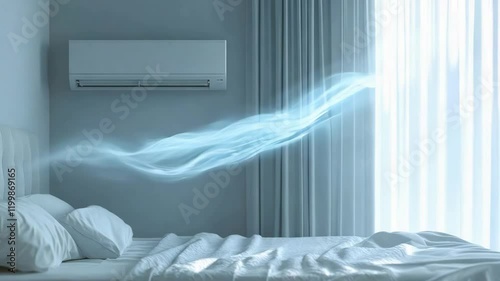 Serene Bedroom with White Air Conditioner, Flowing Curtains, and Cozy Bed Ambiance
