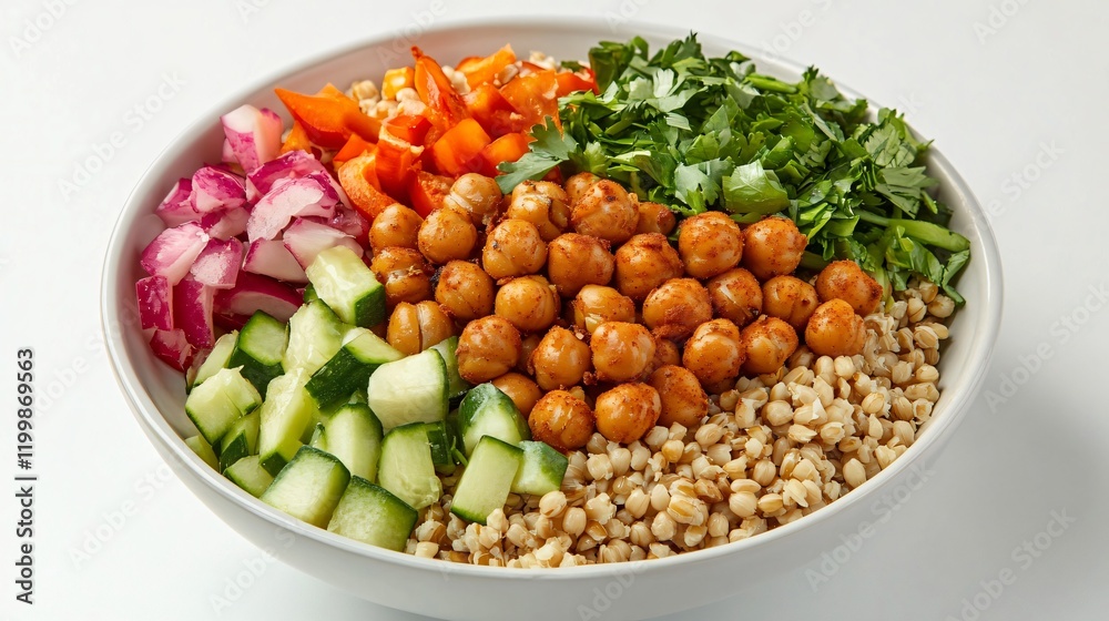 A vibrant bowl featuring brown rice, roasted chickpeas, and fresh veggies A vibrant bowl featuring brown rice, roasted chickpeas, and fresh veggies