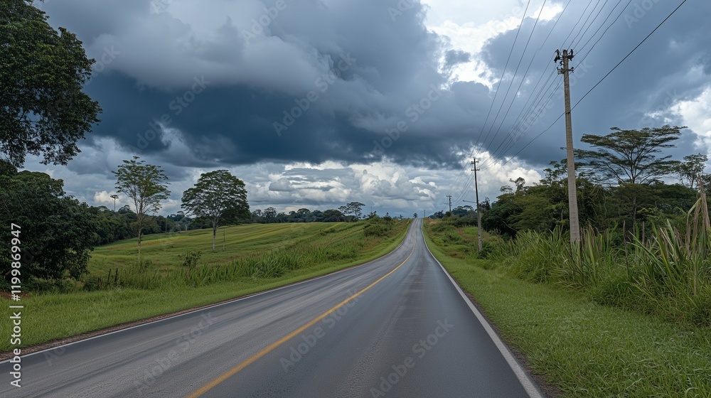 A highway road with dark storm clouds on the horizon A highway road with dark storm clouds on the horizon