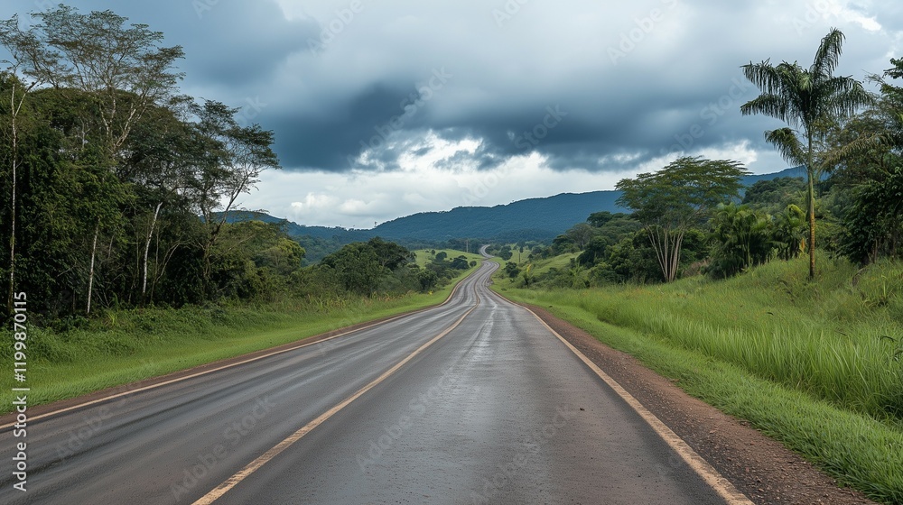 Fototapeta premium A highway road with dark storm clouds on the horizon