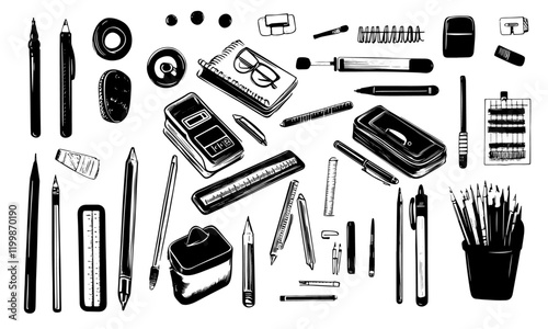 School linocut supplies, separated vector on transparent background, pencils, rubber, pen, ruler, trousse. Back to school