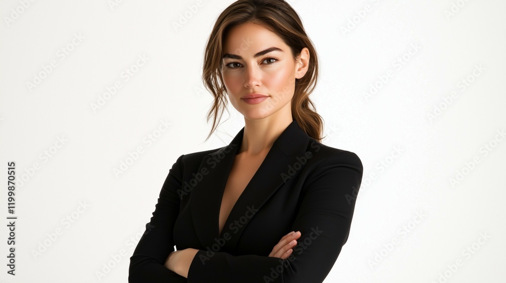 Beautiful young businesswoman in a black suit, isolated on a white background, with her arms crossed and looking at the camera. This is a portrait of a female model with blonde hair. Professional phot Beautiful young businesswoman in a black suit, isolated on a white background, with her arms crossed and looking at the camera. This is a portrait of a female model with blonde hair. Professional phot