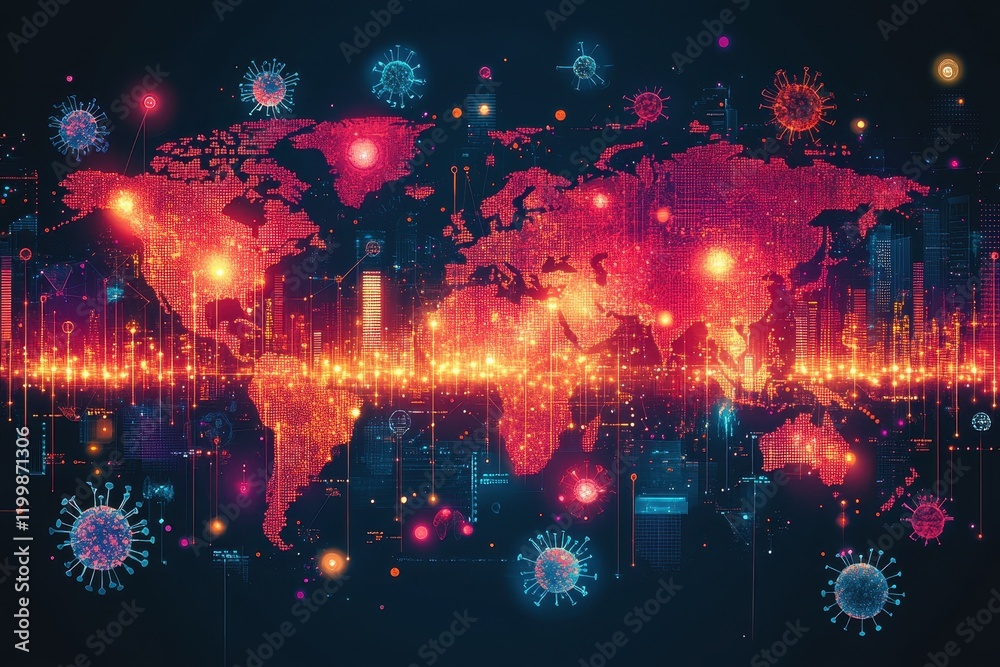 Obraz premium Visual representation of global health data during the pandemic with vibrant graphics and molecular structures
