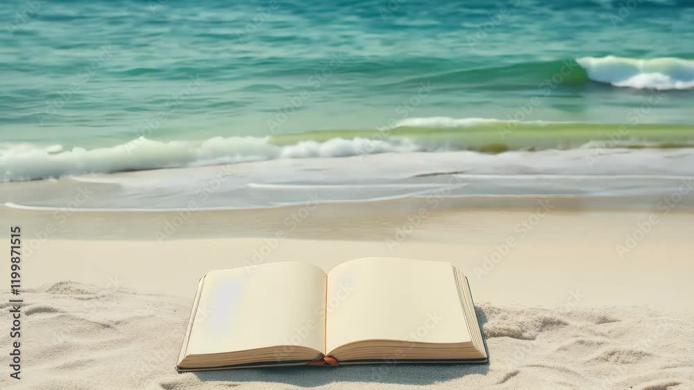 Open Journal on Serene Beach with Ocean Waves and Sand for Travel Inspiration Open Journal on Serene Beach with Ocean Waves and Sand for Travel Inspiration
