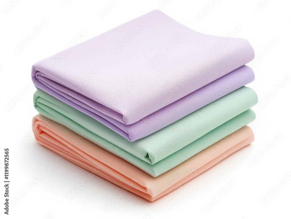 A simple stack of fabric neatly arranged, with soft pastel tones of mint green, light peach A simple stack of fabric neatly arranged, with soft pastel tones of mint green, light peach