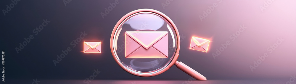 magnifying glass zooms in on glowing email icons, symbolizing communication and digital messaging. This captures essence of searching for important messages magnifying glass zooms in on glowing email icons, symbolizing communication and digital messaging. This captures essence of searching for important messages