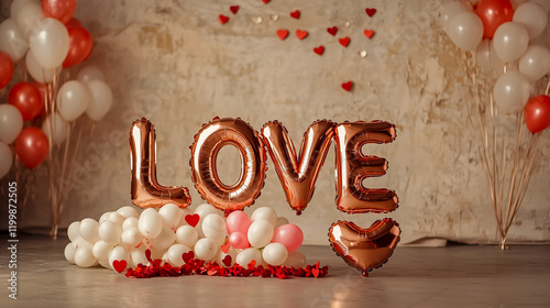 The word love made of rose gold foil balloons, a red and white heart-shaped balloon garland on the floor in front of it photo