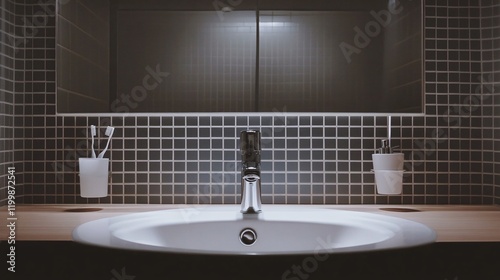 A minimalist bathroom with a white sink, a single hand soap dispenser, and a large mirror photo