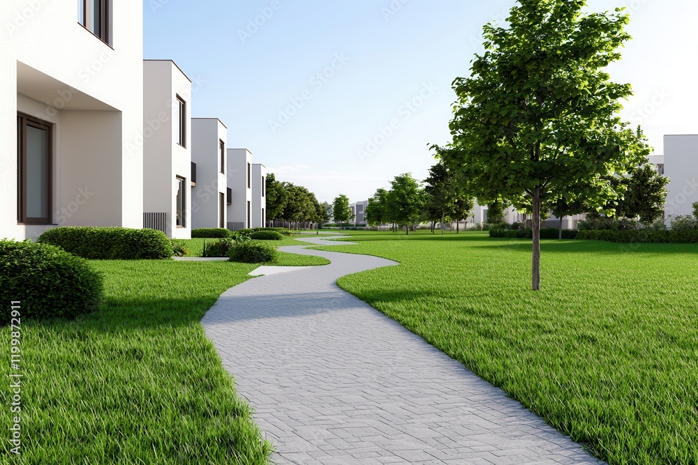 Sustainable community through innovation for well-being Modern pathway through green landscape with buildings nearby. Sustainable community through innovation for well-being Modern pathway through green landscape with buildings nearby.