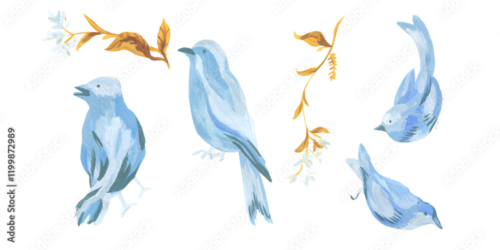 Fototapeta premium Clip art blue birds with leaves and flowers drawn with acrylic on white isolated background. Botanical illustration collection. Designs for greeting cards, stickers, social media, posters.