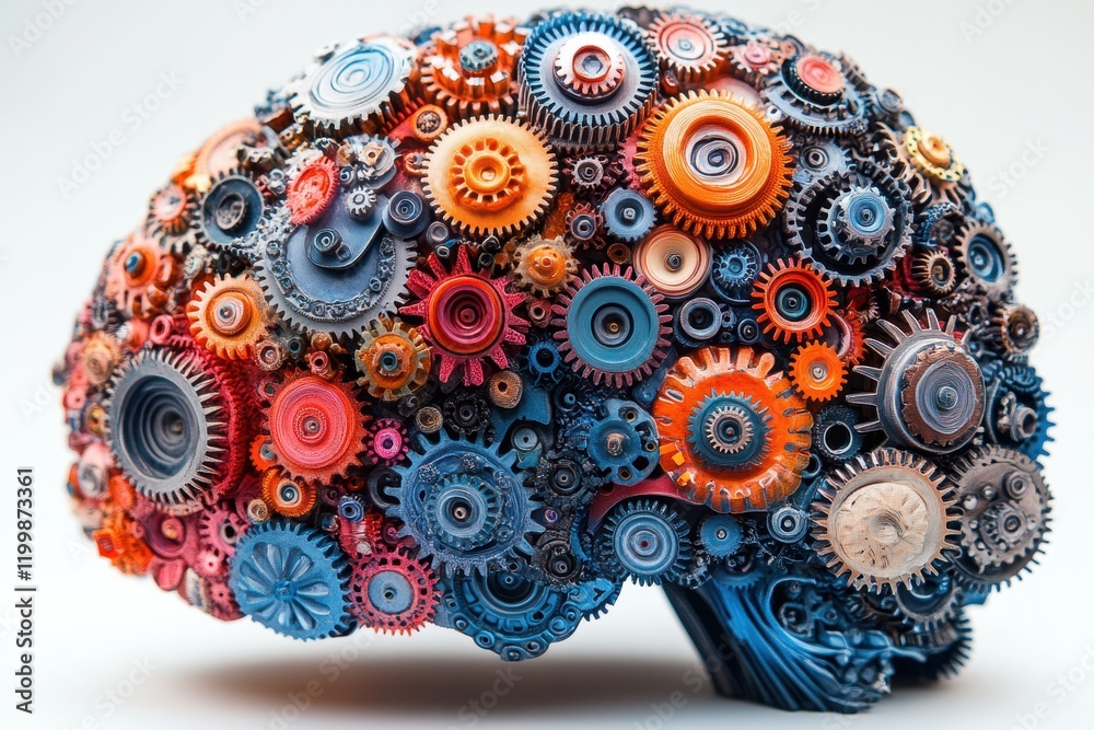 Obraz premium Conceptual art representation of a brain made from colorful gears and cogs emphasizing creativity and innovation