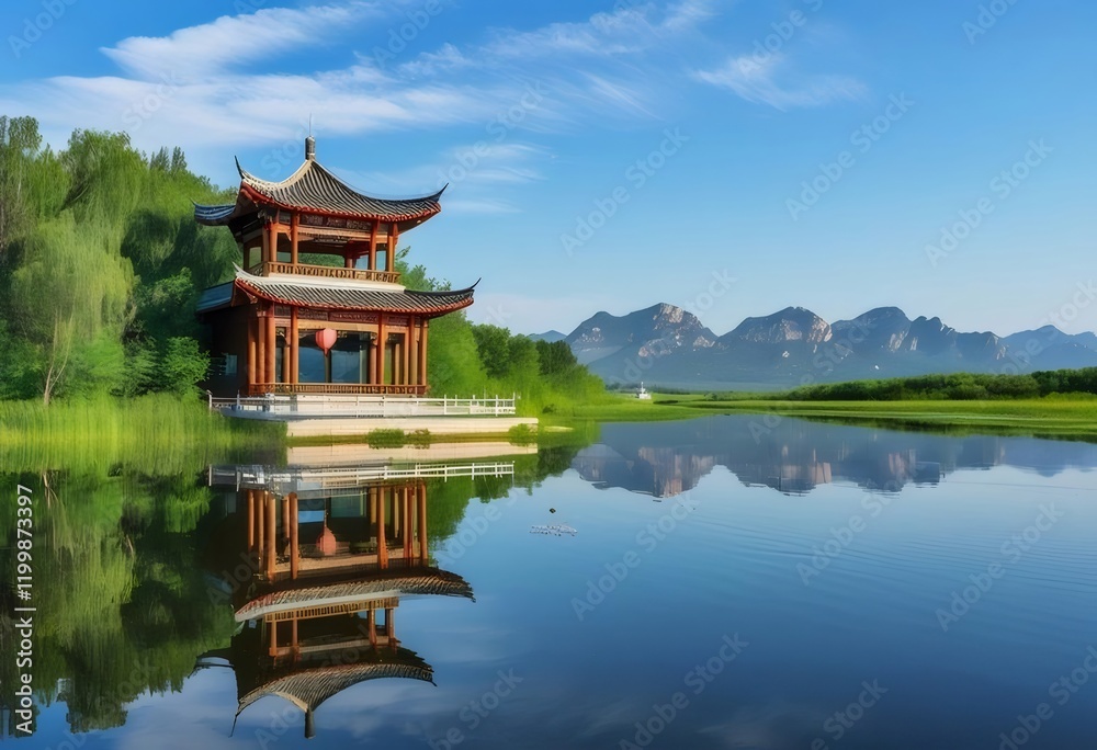 Serene Pavilion, Mountain Lake, China, Calm. Tourism. Serene Pavilion, Mountain Lake, China, Calm. Tourism.