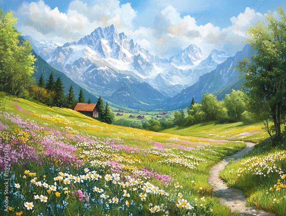 Idyllic mountain landscape in the Alps with blooming flowers Idyllic mountain landscape in the Alps with blooming flowers