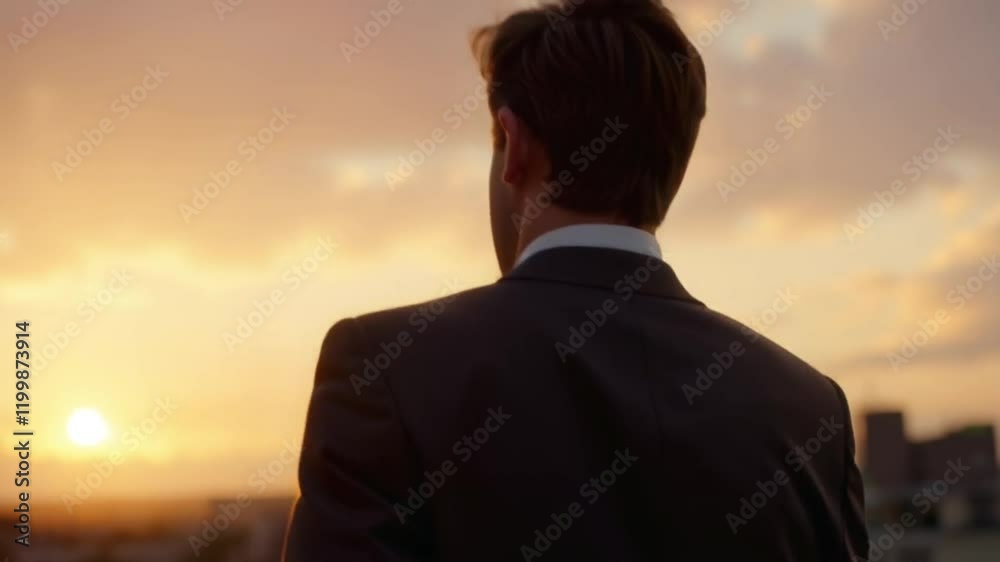 Back view of a businessman walking outdoors at golden hour, slow motion