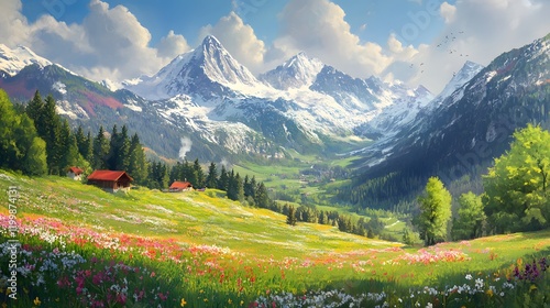 Idyllic mountain landscape in the Alps with blooming flowers