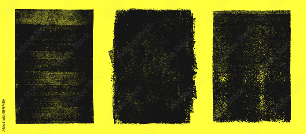 Linocut, relief printing, letterpress rectangle A4 shapes rough textures set, collection. Black linocutting textured backgrounds, text frames. Paint roller geometric stains, lino ink grungy remains	