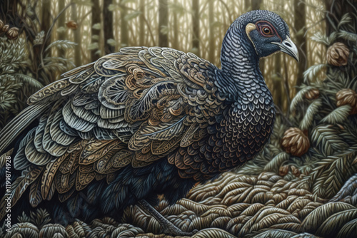 black grouse in the forest, sequins, illustration., watercolor style, Generative AI photo