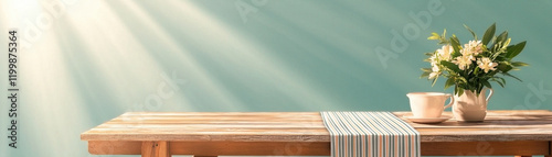 Wallpaper Mural rustic wooden picnic table adorned with vase of flowers and cup, illuminated by soft sunlight, creates warm and inviting atmosphere Torontodigital.ca