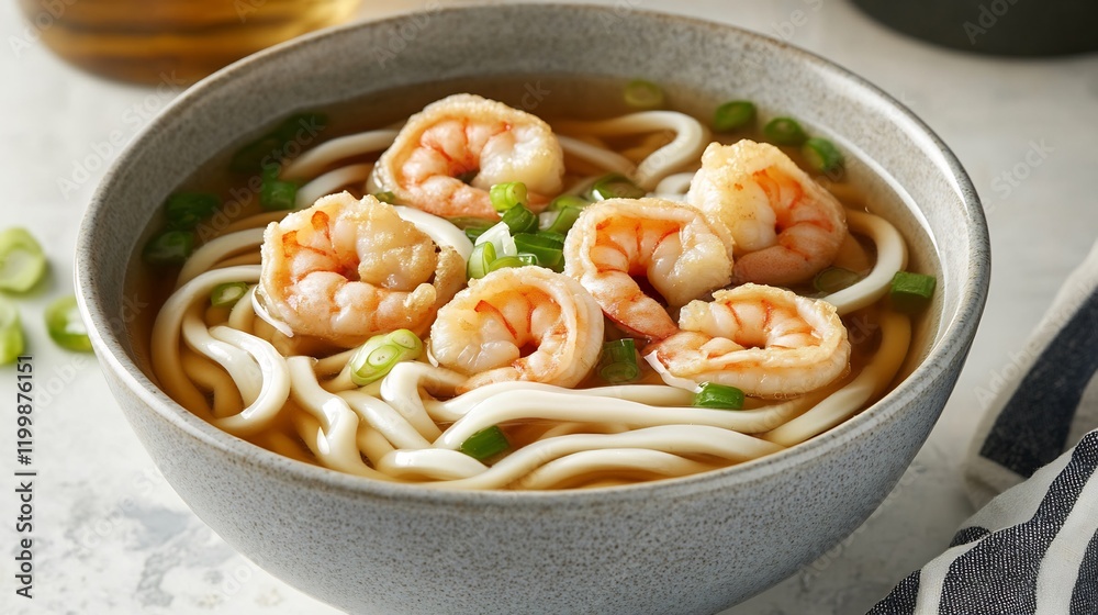 Bowl of udon noodles served a savory broth with tempura shrimp and fresh scallions Bowl of udon noodles served a savory broth with tempura shrimp and fresh scallions