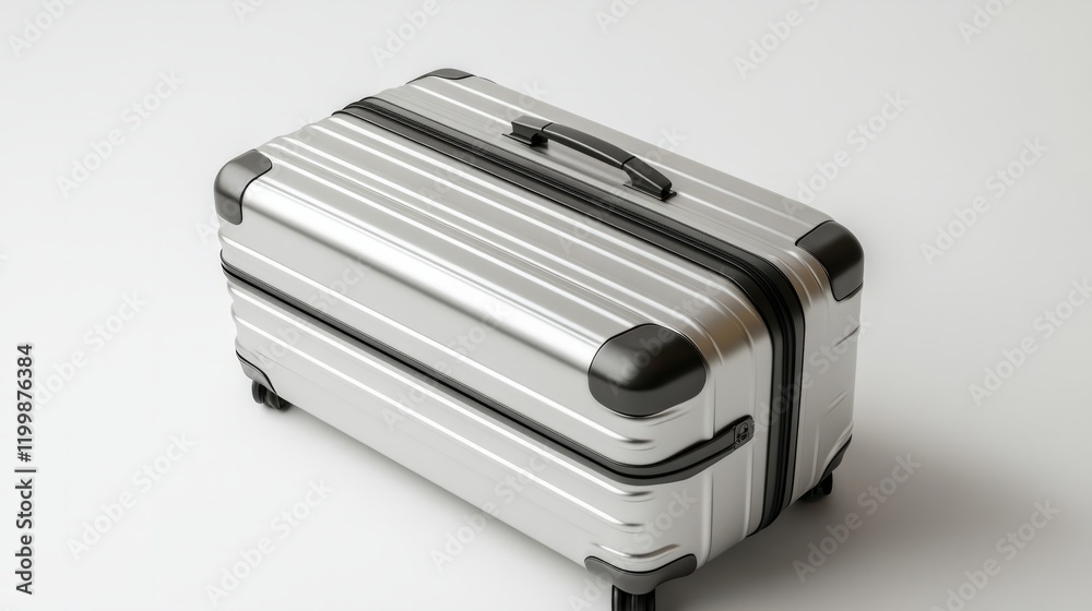 Compact silver carry-on suitcase with glossy edges, isolated on a bright white background