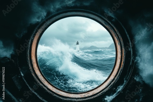 A lighthouse window with a circular frame, overlooking the vast, choppy ocean during a storm