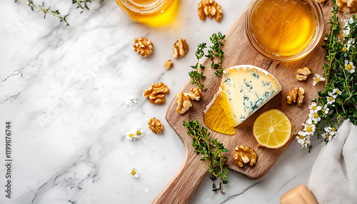 Wallpaper Mural Tasty blue cheese with thyme, honey and walnuts on wooden board, closeup Torontodigital.ca