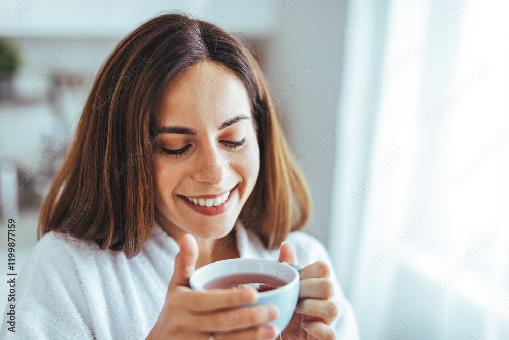 Smiling Woman Enjoying Morning Tea in Cozy Home Setting Smiling Woman Enjoying Morning Tea in Cozy Home Setting