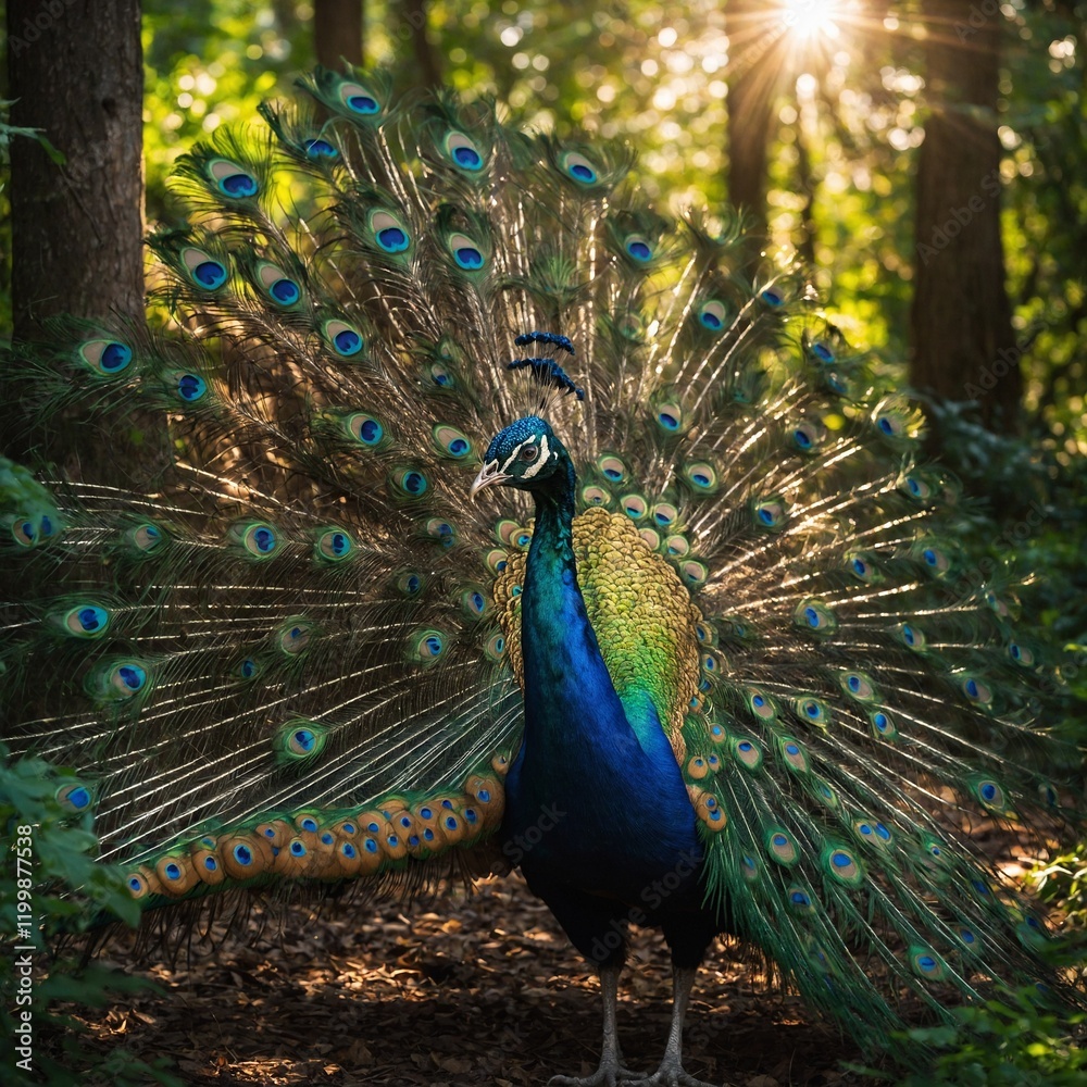 Naklejka premium A vibrant peacock spreading its iridescent feathers, standing in a lush green forest with sunlight streaming through the trees.
