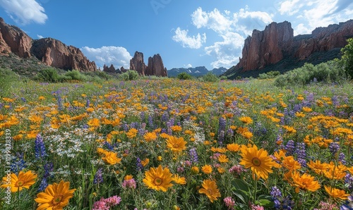 Vibrant wildflowers bloom beneath towering red rocks.