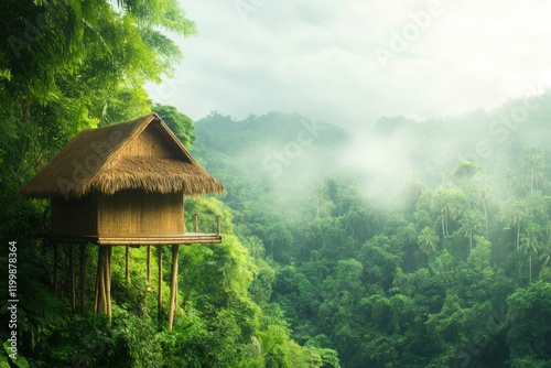 Elevated bamboo canopy home nestled in vibrant tropical forest with misty backdrop photo