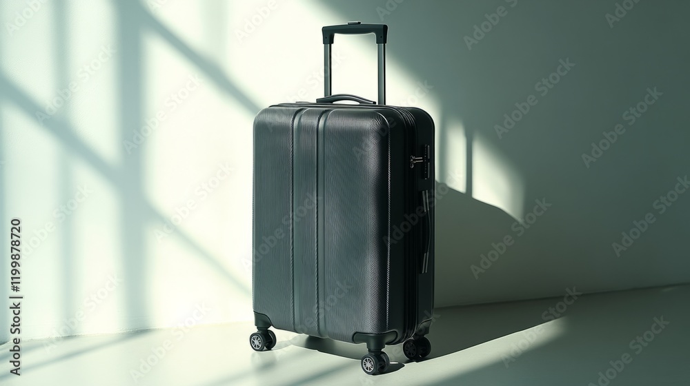 Dual-tone suitcase in black and gray with smooth wheels, placed on a bright white surface Dual-tone suitcase in black and gray with smooth wheels, placed on a bright white surface