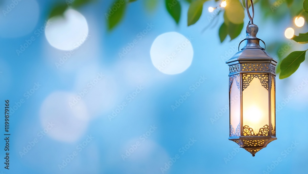 Hanging Lantern Amidst Foliage with Soft Blue Bokeh Background Hanging Lantern Amidst Foliage with Soft Blue Bokeh Background