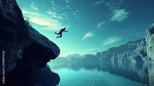 Silhouette of person jumping from cliff into serene lake. Dramatic landscape with towering rock formations. photo