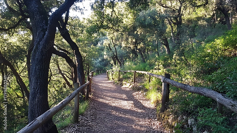 Serene Forest Path: A Sunlit Walk Through Nature's Embrace