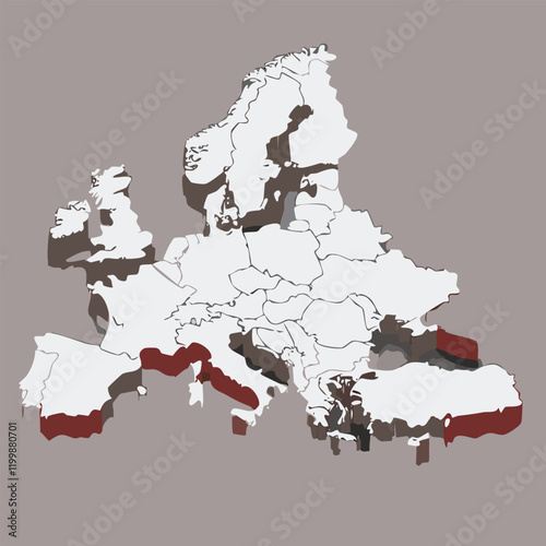 Color-enhanced map of Europe focused on countries bordering the Mediterranean Sea. Clearly delineates geographic regions
