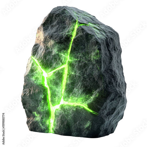 Glowing Green Stone with Cracks Isolated on Transparent Background