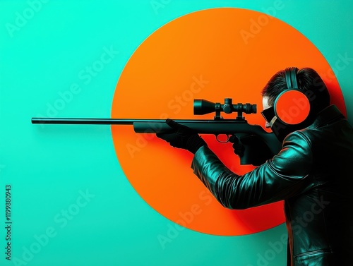 A person aims a rifle against a vibrant orange backdrop.