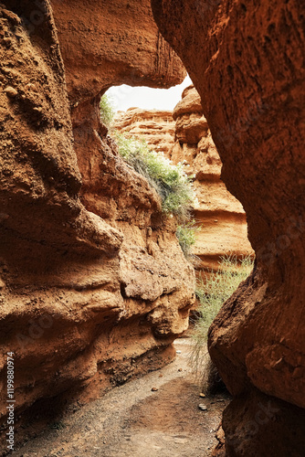 Majestic red rock walls in Kok-Moinok Canyon, Kyrgyzstan, Central Asia