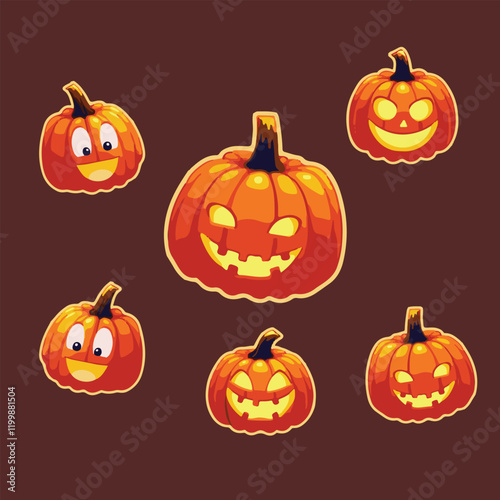 Halloween bundle vector illustration of expressive pumpkins with glowing faces on a plain background, great for spooky seasonal projects and festive designs