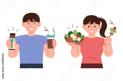Healthy man and woman holding protein shake, protein bar and salad. Diet menu concept illustration.