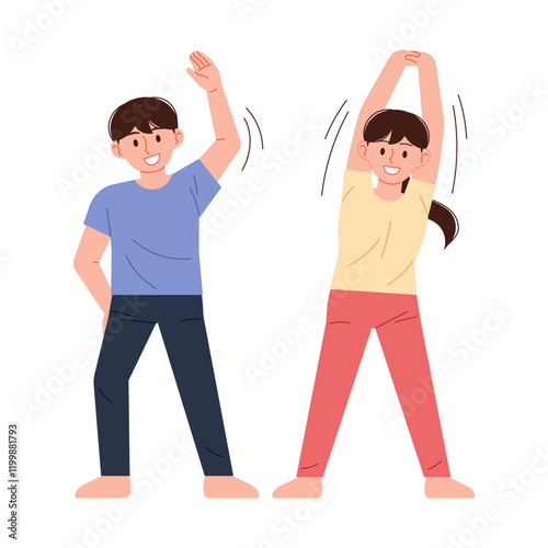 Woman and man stretching. Healthy habits, warm up before and after exercise.