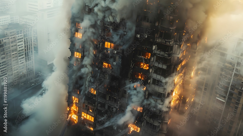 Fototapeta premium Fire engulfs high-rise building in a busy urban center during an afternoon blaze