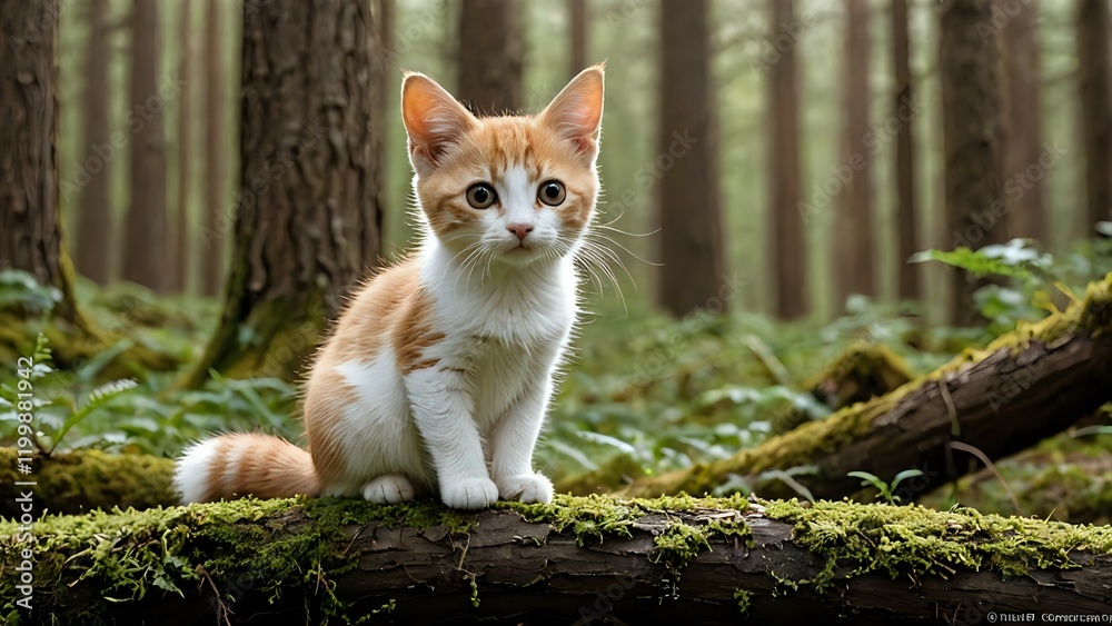 Adorable ginger and white kitten sitting on mossy log in enchanting forest. Perfect for nature, pet, or wildlife themes. Adorable ginger and white kitten sitting on mossy log in enchanting forest. Perfect for nature, pet, or wildlife themes.
