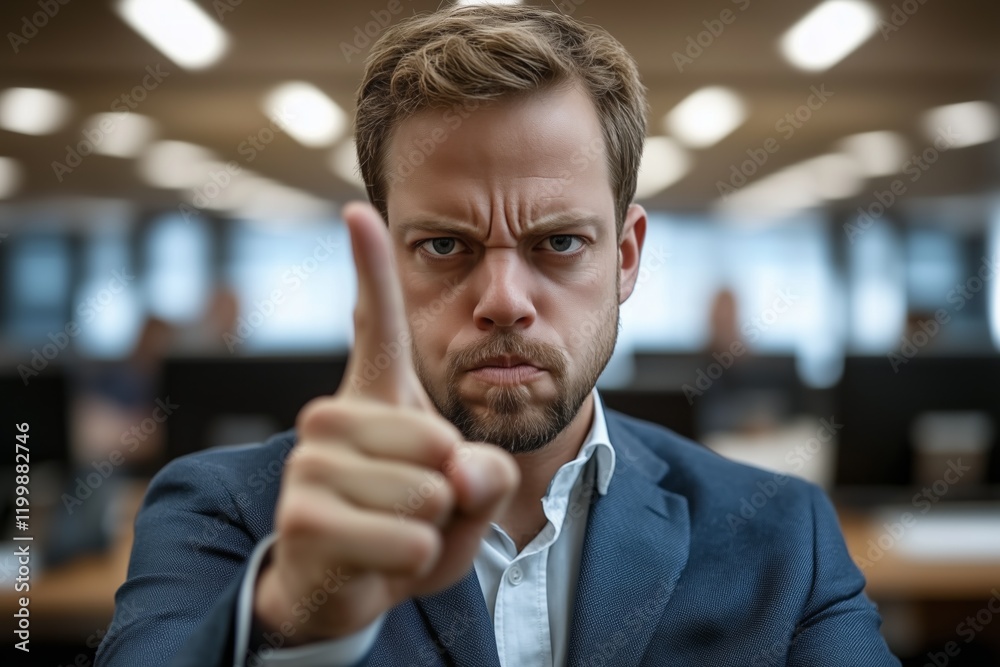 Obraz premium Office worker expressing frustration with a stern look and raised finger in a modern workspace during working hours