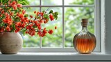 Serene Windowsill Still Life: Orange Blossoms and Amber Liquid