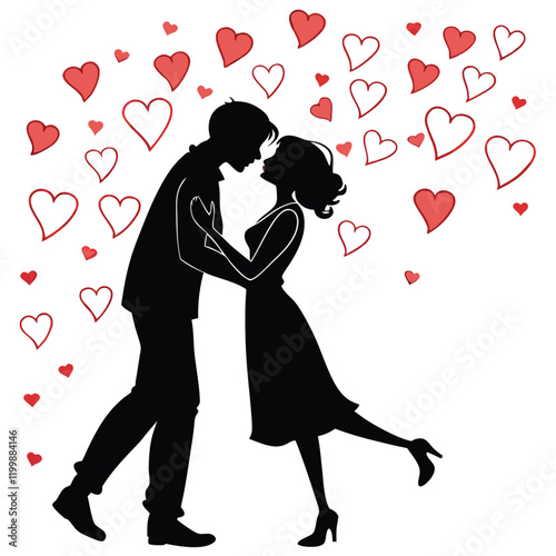 Romantic Silhouette of a Kissing Couple with Hearts