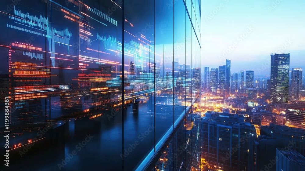 Fototapeta premium Strategizing Business Growth High-rise Office Glass Wall Analysis Urban Environment Corporate Insight