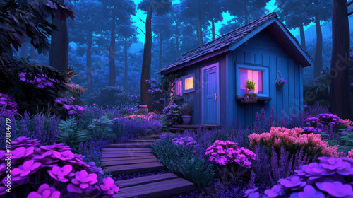 Off-Grid Living, A whimsical blue cottage surrounded by vibrant flowers in a serene forest, illuminated by soft purple hues under a twilight sky. photo