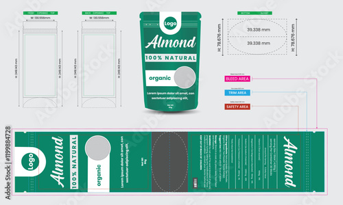 Almond pouch design template, 100% natural, pouch packaging mockup, food and product branding design